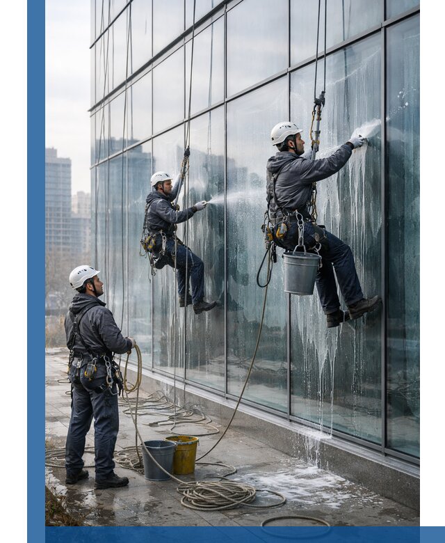 Промышленная мойка панорамных окон на высоте в Ростове