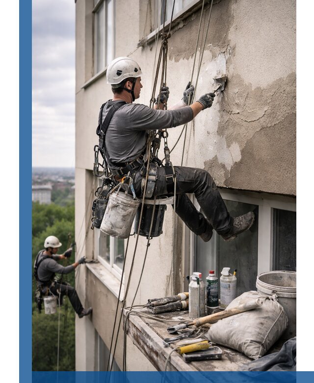 Косметический ремонт фасада зданий в Ростове промышленными альпинистами