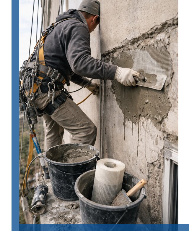 Ремонт бетонных элементов фасада промышленными альпинистами в Ростове