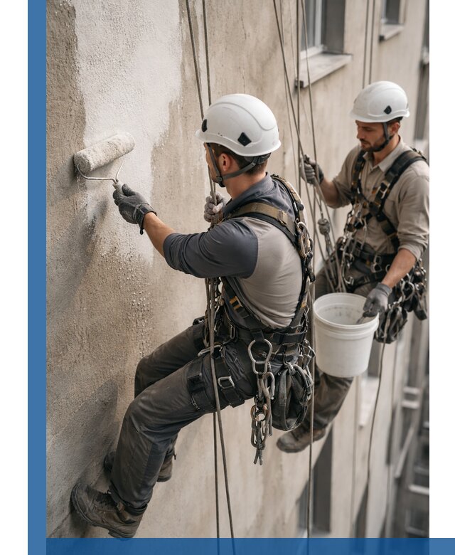 Грунтовка фасада на высоте в Ростове промышленными альпинистами