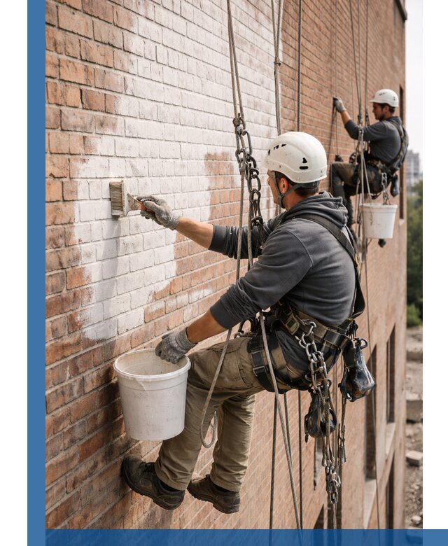 Покраска кирпичного фасада с доступным альпинистским сервисом в Ростове