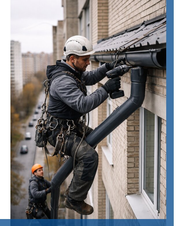 Монтаж водосточной системы на здании в Ростове от 5132 р. | ВЫСОТНИК-Рсв