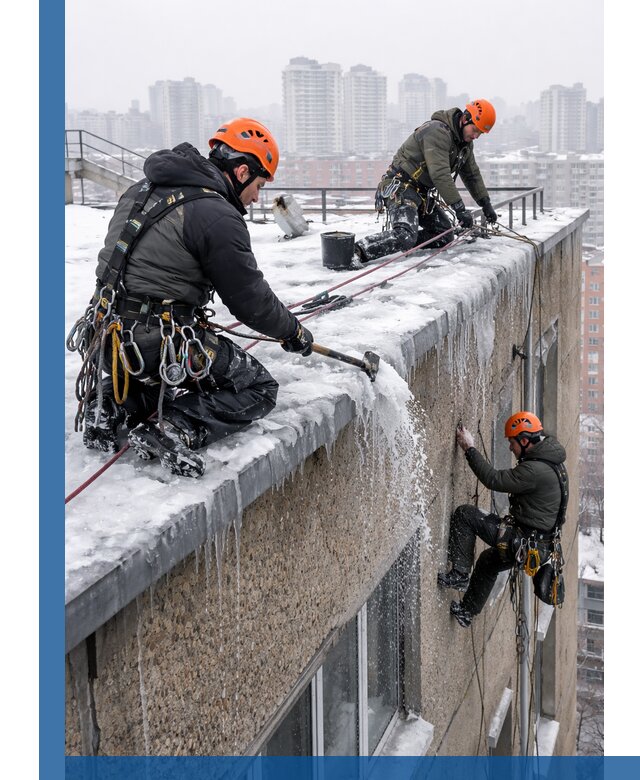 Удаление наледи с кровли в Ростове промышленными альпинистами