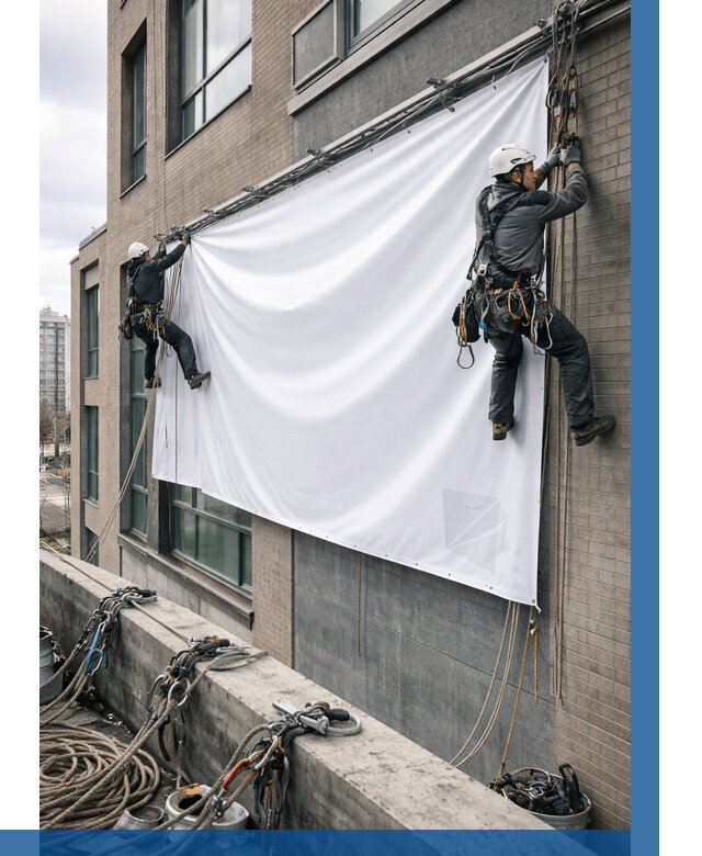 Монтаж баннеров на фасаде в Ростове от 667 р. заказать ВЫСОТНИК-Рсв