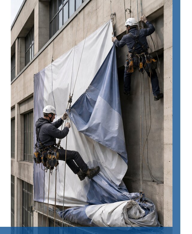 Демонтаж баннеров с фасада в Ростове от 4618 р. | ВЫСОТНИК-Рсв