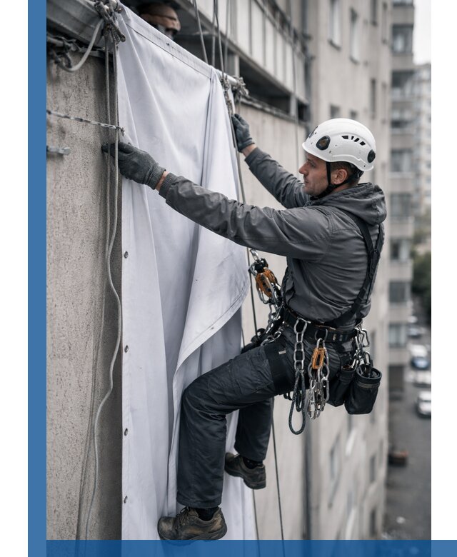 Замена баннерного полотна промышленными альпинистами в Ростове