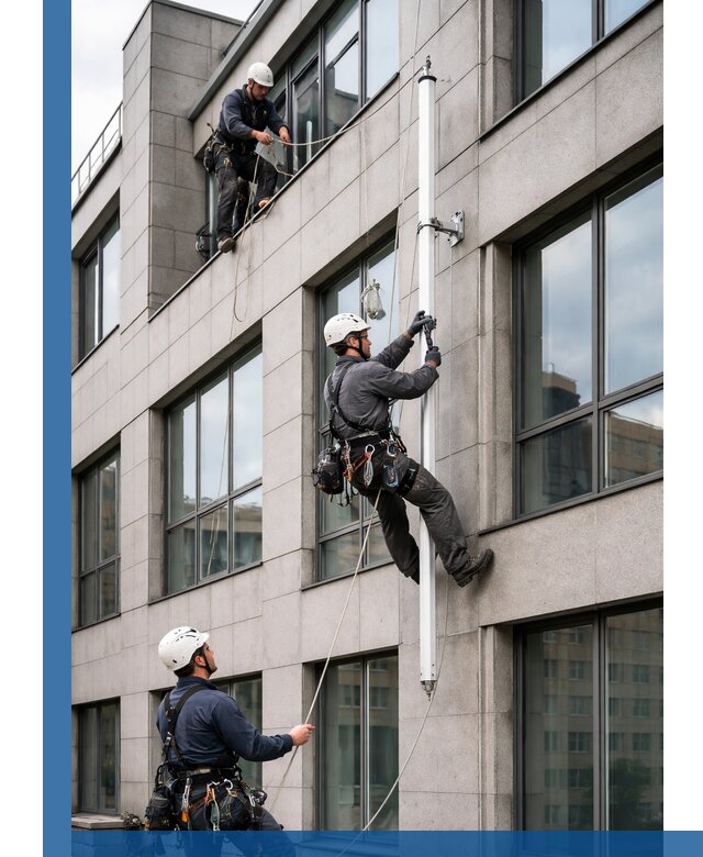 Монтаж флагштока на фасаде здания с креплением и герметикой в Ростове