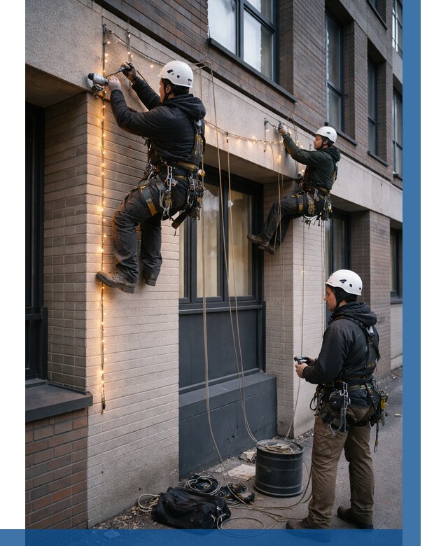 Монтаж гирлянд на фасаде в Ростове от 3592 р. | ВЫСОТНИК-Рсв