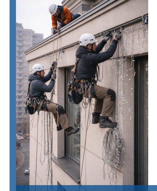 Монтаж праздничных гирлянд на фасаде в Ростове для зданий