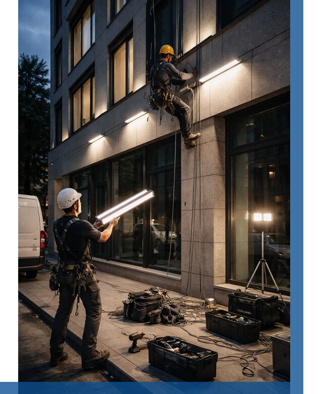 Монтаж архитектурной подсветки здания в Ростове от 2566 р.|ВЫСОТНИК-Рсв