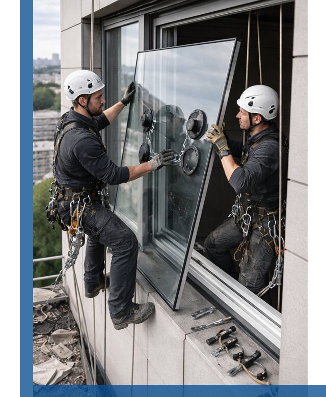 Замена стеклопакетов на высоте с промышленными альпинистами в Ростове