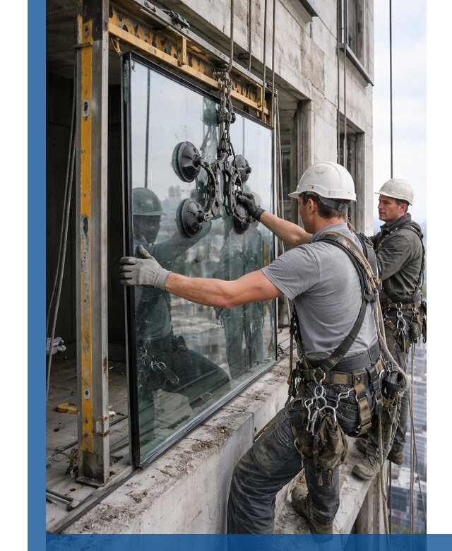 Монтаж стеклопакетов на высоте в Ростове с промышленным альпинизмом