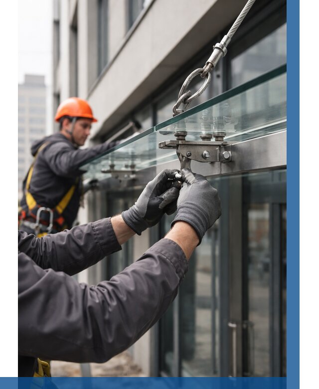 Монтаж стеклянных козырьков в Ростове от 8724 р. | ВЫСОТНИК-Рсв