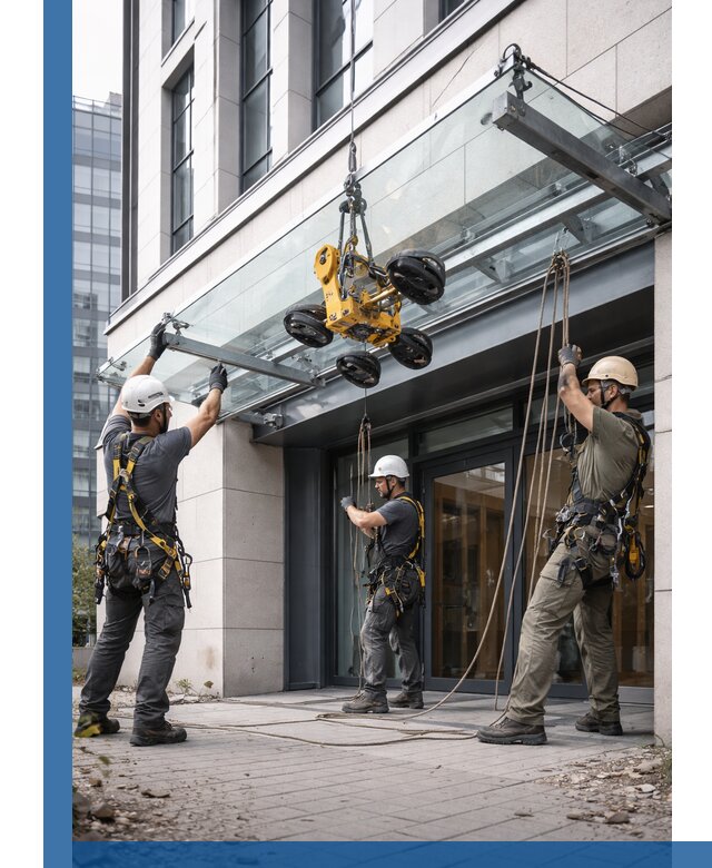 Монтаж стеклянных козырьков под ключ в Ростове для зданий