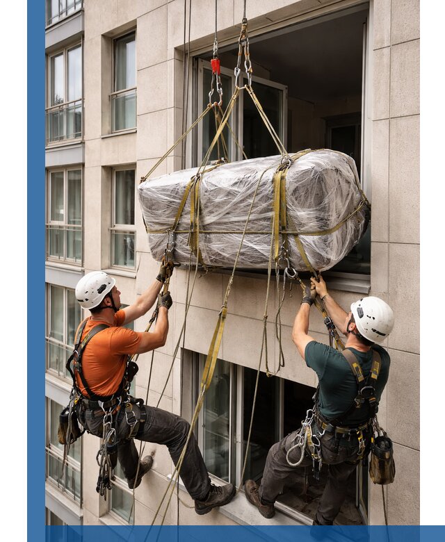 Подъем грузов через окно в Ростове промышленными альпинистами