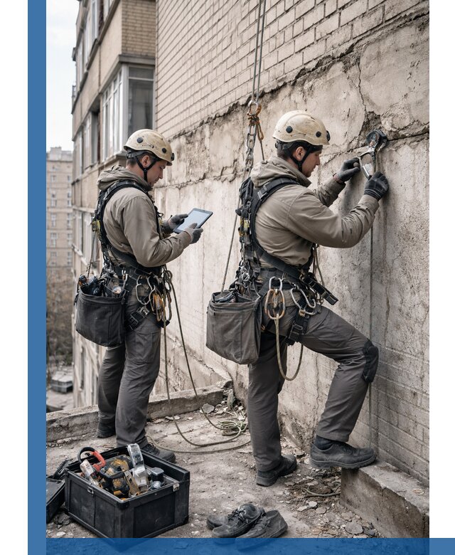 Обследование фасада промышленными альпинистами в Ростове